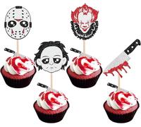 24 unidades de decoración para tartas de Halloween, película de terror, cupcakes, terror, cuchillo sangriento, decoración para Halloween, terror, personajes de película clásicos, temática de