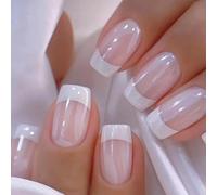 24 unidades de uñas francesas postizas medianas para pegar, con kit de herramientas de aplicación de gelatina adhesiva, uñas artificiales estilo francés de cobertura completa y bonitas.