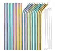 [24 unidades] extra largo 10.4 pulgadas paquete de colores de valor reutilizable de acero inoxidable pajitas combinaciones, Tomorotec Metal Straw Sets con cepillos de limpieza, 12 recto 12 doblado para vasos bebidas bebida cóctel