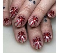 24 Unidades Prensa De Navidad En Uñas Brillante Corta Ovalada Falsa Uñas Con Arcos Festivos Para Año Nuevo