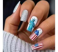 24 Veces Día de la Independencia Uñas Falsas Artificiales 4 de Julio Fundas Completas Pegamento En Mediuim Square Press Un