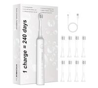 240 Días de Duración,Cepillo de Dientes Eléctricos con 8 Cabezales de Repuesto,3 Modos de Limpieza,Resistencia al Agua IPX7,Recargable de Batería con 2500mAh,Blanco