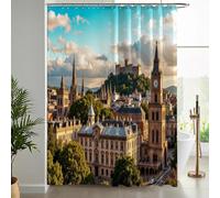240 x 200 cm Cortina de Baño Ciudad Paisaje Impermeable Cortina de Ducha de Edificios históricos Cortinas de Ducha Lavable a máquina para Bañera con Gancho(Azul Naranja)
