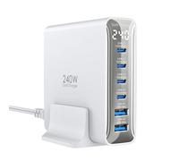 240W Cargador USB C de 6 Puertos, Cargador PD3.1 GAN con Pantalla LED, estación Carga rápida de Escritorio para MacBook Pro/Air, para iPhone Pro/iPad Pro/DELL XPS/Galaxy/Pixel/Laptops y más, Blanco