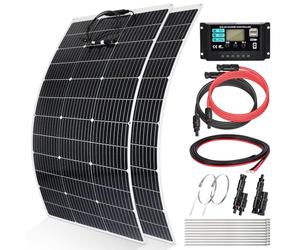 【240W Flexible Panel Solar 12V Kit】DERUXI 2 PCS 120W Monocristalino Panel Solares Flexibles+Regulador de Carga 30 Conector en Y+Cables Solar+Bridas Metalicas, Panel PV para Balcón RV Barcos Caravana