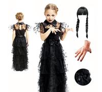 24H Carnaval Disfraz y Accesorio Miercoles Addams Niña, Cosa Mano, Peluca y Vestido. Estilo con Araña Negro de Merlina Addams Niña, Trajes Góticos para Halloween, Carnaval, Juego De Roles, Fiesta.