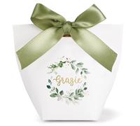 24Pcs 10x6x6 cm Cajitas Regalo Italiano Grazie Dorado Guirnalda Hojas y Cintas Verdes, Cajas Papel Blanco Invitados Fiesta Detalles Caramelos Comunión Bautizo Baby Shower Cumpleaños Boda Navidad