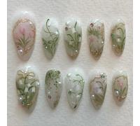 24pcs almendra uñas postizas prensa acrílica en las uñas con palitos de perlas en las uñas para manicura de primavera arte artístico de uñas