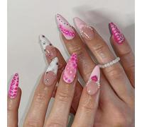 24pcs almendras prensa en uñas corazón diseño francés falso acrílico falso adhesivos artificiales para mujeres uñas ataúd almendra uñas francés