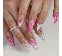 24Pcs Almond Fake Nails Press on Artificial False Glues on Heart Designs French Tips Gifts Design False Nail