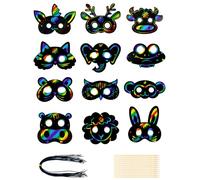 24pcs Animal Masken Kratzbilder für Kinder, Scratch Crafts Kinder Set mit Bändern Kratzstift DIY Handwerk Masken zum Basteln für Geschenk Kindergeburtstag Spiele Party Mitgebsel Fasching Deko