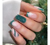 24PCS Brillo Festivo En Las Uñas Destellos Verdes Postizas Cuadradas Ropa De Fiesta Navidad Brillos Aplicación Rápida Diseño Francés Postizas Navidad