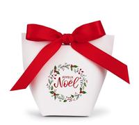 24Pcs Cajitas Regalo Navidad Francés Joyeux Noël Guirnalda 10x6x6 cm con Cintas Rojas, Cajas Cartón Blanco Invitados Fiesta Detalles Caramelos Chocolates Chuches Dulces Navideños Niños