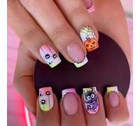 24pcs Cuadrado Francés Consejos Clavos falsos Uñas acrílicas arañas Permanecer Para Mujeres Halloween Prensa En Regalos Cuadrado Falso Uñas