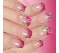 24PCS Elegante Brillos Corazón Prensas En Las Uñas Postizas Francesas Cuadradas Diseño De Rubores Rosas Brillantes Arte De Para Mujeres Valentín Destellos Postizas