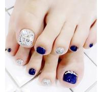 24pcs Fake Nails Foot Toes Blue Silver Glitter with Stones Press On Nail False Tips Artificial Pedicure for Women And Girls