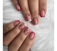 24Pcs French Tip Press on Nails Court, Nude French Rosa Rand Ongles artificiels avec design cerise,Glossy Angles Ongles artificiels Press on Nails avec colle à ongles