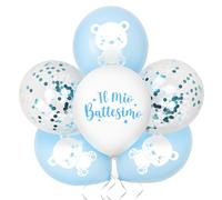 24Pcs Globos Bautizo en Italiano Látex 12 Pulgadas con 2 Rollos Cinta Blanca 10M, 3 Diseños Osito Il Mio Battesimo Confetis Azules Blancos Baby Shower Bautismo Bebé Niño (Azul)