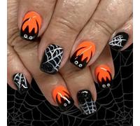 24pcs Halloween Prensa En Encaje Chispeante Negro Telaraña Patrón Cuadrado Corto Consejos Artificiales Para Fiesta Corto Cuadrado Brillante Uñas
