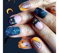 24pcs Halloween uñas artificiales góticas negro gatito arte con acabado brillante no requiere pegamento negro brillante prensa en uñas