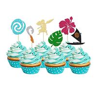 24Pcs Moana Inspired Birthday Cupcake Toppers Glitter Palm Leaf Flower Moana Cupcake Picks Hawaiian Birthday Party Decoration for Tropical Luau Summer Party Baby Shower Wedding