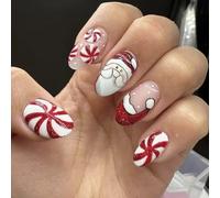 24pcs Navidad Prensa En Uñas Con Copos De Nieve Y Rayas Cubiertas Completas Acrílico False Nails Uñas Artificiales Para Mujeres