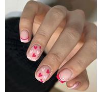 24pcs Prensa en las uñas Corto Francés Forma Cuadrado Clavos Falsos Clavos de San Valentín Fundas Completas Uñas Acrílico Para Mujeres Niñas
