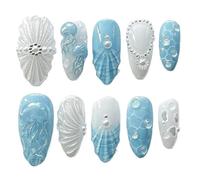 24Pcs Press On Nails Almond 3D Ocean Starfish Shell Gold Pearl for Women(5)