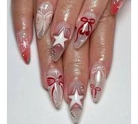 24pcs Press On the Nails Independence Day Mandelkunstlinge mit Baustern Stern Stressstones Design für Salonqualität Look