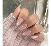 24Pcs Uñas Postizas Almendra Medianas, 12 Tamaños Francesas Adhesivas Uñas Bailarina Press on Nails, Unas Falsas Naturales de Cobertura Completa Acrílico para Mujeres y Niñas (Ojo de gato rosa)