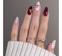 24Pcs Uñas Postizas Almendra Medianas, 12 Tamaños Francesas Adhesivas Uñas Borgoña Press on Nails, Unas Falsas Naturales de Cobertura Completa Acrílico para Mujeres y Niñas (Lunares y Lazo)