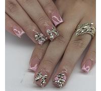 24Pcs Uñas Postizas Francesa Cortas Cuadradas Lazo de plata 3D Brillantes Rhinestones Acrílico Uñas Falsas Cubierta Completa Press on Nails Adhesivas Uñas Artificiales para Mujeres y Niñas Manicura