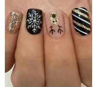 24PCS Vacaciones De Invierno Uñas Postizas Cuadrado Corto Diseño Dorado Negro Prensa Festiva En Las Aplicación Fácil Prensa Navidad Varios Tamaños En Las