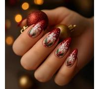24Pieces Red Snowflake Press On Nails Almond Shape Comfort Fit ABS For Holidays & Busy Lifestyles Snowflake Red Almond Press On Nail