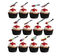 24uds Decoración Tarta Halloween, 12 Estilos Purpurina Palillos de Cuchillo con Sangre de Terror Aterradores Inserto Cuchillo para Tarta Cumpleaños para Decoraciones Tartas Halloween