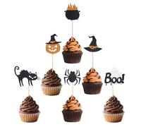 24uds Topper para Cupcakes Halloween, Brillo Araña Murciélago Calabaza Gato Boo Sombrero de Bruja Decoración Espeluznante para Pastel Baby Shower Cumpleaños Infantil Fiesta Temática