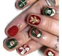 24x Christmas Artificial Nails Short Round False Snowman Full Covers Stick On Christmas Gift Press On