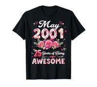25 años Mayo 2001 Floral 25 Cumpleaños Hombres Mujeres Camiseta