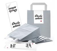 25 Bolsas de papel gris claro de papel de bolsas de bolsas de asa con suelo (18 x 8 x 22 cm), con pequeños bolsillos Papel con adhesivo con precinto Danke, bonita con corazón rojo