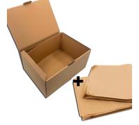 25 Cajas Automontables + 25/30 Hojas de Papel Manila (60x43cm), Cajas Postales de Cartón Reciclable - Montaje Instantáneo, Ideal para E-Commerce y Envíos Seguros (15x10x7cm - 25 Cajas + 25/30 Hojas)