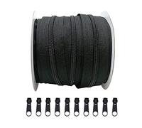 25 m Cremallera continua de nailon de malla #3, con 10 deslizadores libres deslizantes de metal, asas de metal, para ropa, tela, costura, trabajos manuales, tienda, negro,