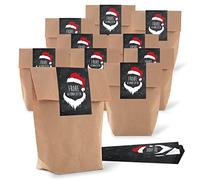 25 Marron Les petits motifs Noël sacs papier (16,5 x 26 x 6,6 cm) + 25 Bandeau coloré Rouge Noir Blanc autocollant de Noël Santa Joyeux Noël (7 x 21 cm) Sacs cadeaux sacs en papier Give aways clients