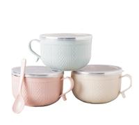 25-Oz Soup Bowls with Lids, Soup Bowls with Handles for Salad, Noodles Desserts, Stainless Steel Inner Wall, Keep Food Warm and Fresh for School Office(Not Microwave-Safe) (Pink&Beige&Blue)