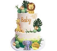 25 PCS Safari Animal Cake Toppers Jungle Wild Cake Decorations with Green Balls Plam Leaves for Wild Animals Themed Birthday Bab