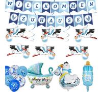 25 Piezas Bienvenido a Casa Bebé, Decoración Baby Shower Niño con Cigüeña Nacimiento, Banner Welcome Home, Azul Globos para Boy, Globos de Aluminio para Accessorios Baby Shower Niño (Azul)