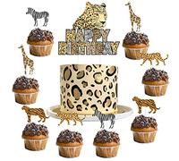 25 piezas de Cheetah Happy Birthday Cake Topper Jungle Safari Animal Cupcake Toppers para niño niña, cumpleaños, baby shower Party Supplies