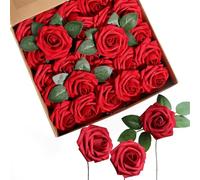 25 Piezas de Rosas Artificiales Rojas, Rosas Artificiales, Decoración de Flores Artificiales con Tallos para Bodas, Decoración de DíA de San Valentín, Decoración de Fiestas, Decoración del Hogar-Rojo