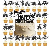 25 plumas de pastel de dinosaurio caballero medieval caballero castillo decoración de pasteles, fiesta infantil, decoración de postre, artículo de fiesta de cumpleaños, guerrero, tema, decoración de