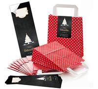 25 rojos Navidad lunares asa bolsas de papel Bolsa de Regalo con suelo 18 x 8 x 22 cm + 25 pegatinas feliz navidad Danke clientes algodón negro oro blanco regalo del paquete be de llenar