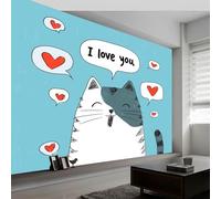 250 x 175 cm Fotomurales no Tejido Azul, Gato Te Amo (Burbuja Parlante) Papel Pintado Decoración de Pared moderna, Murales póster efecto 3D, Decorativos Murales para Dormitorio Salón TV Pared